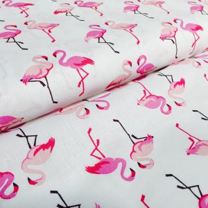 Pink Flamingo Poplin Fabric Bird Print Material 100% Cotton for Face Mask, Dress, Home decor - 150cm Wide - White