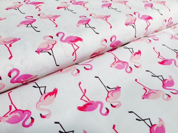 Pink Flamingo Poplin Fabric Bird Print Material 100% Cotton for Face Mask, Dress, Home decor - 150cm Wide - White