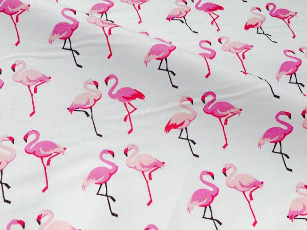 Pink Flamingo Poplin Fabric Bird Print Material 100% Cotton for Face Mask, Dress, Home decor - 150cm Wide - White - Image 3