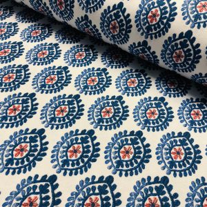 Floral Aztec Spanish Geometric Diamond Flower Tile Fabric Cotton Panama Curtain Upholstery Material - 110" or 280cm EXTRA wide - Blue & Red