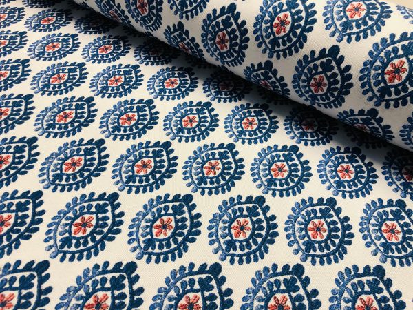 Floral Aztec Spanish Geometric Diamond Flower Tile Fabric Cotton Panama Curtain Upholstery Material - 55"/140cm wide - Blue & Red
