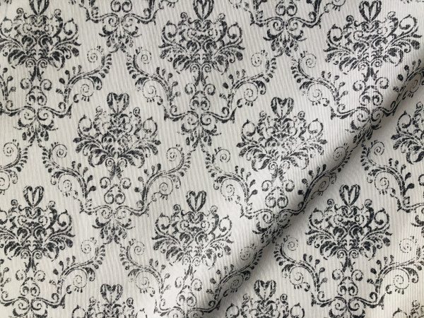 Floral Damask Antique Print Fabric Spanish Tile Baroque Material Vintage Look Upholstery Curtains Dressmaking 55''/140cm wide - Grey & White
