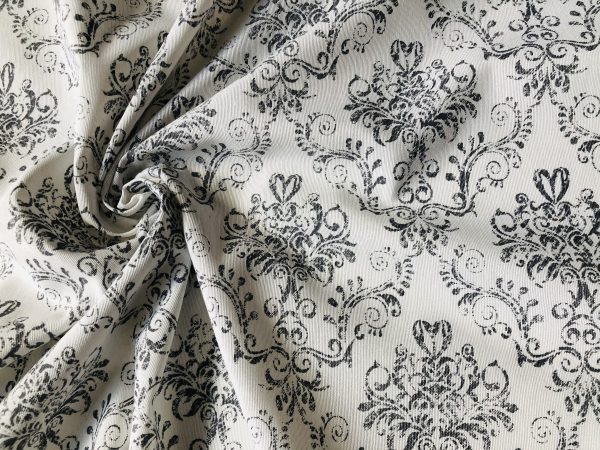 Floral Damask Antique Print Fabric Spanish Tile Baroque Material Vintage Look Upholstery Curtains Dressmaking 55''/140cm wide - Grey & White - Image 2