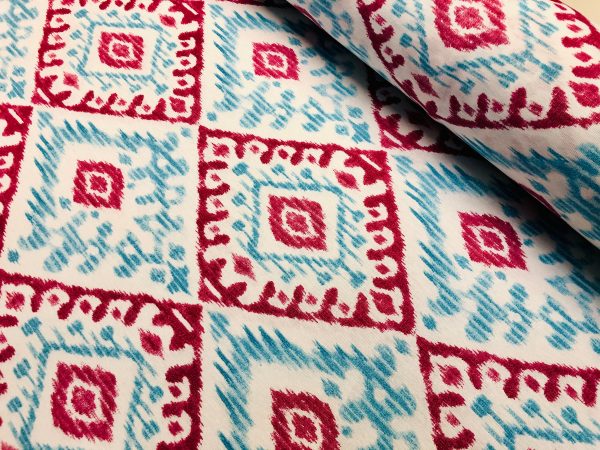 Kilim Aztec Spanish Geometric Diamond Tile Fabric Cotton Panama Curtain Upholstery Material - 55"/140cm wide - Aqua Blue & Raspberry Red