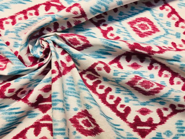 Kilim Aztec Spanish Geometric Diamond Tile Fabric Cotton Panama Curtain Upholstery Material - 55"/140cm wide - Aqua Blue & Raspberry Red - Image 2