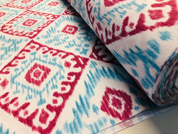Kilim Aztec Spanish Geometric Diamond Tile Fabric Cotton Panama Curtain Upholstery Material - 55"/140cm wide - Aqua Blue & Raspberry Red - Image 3