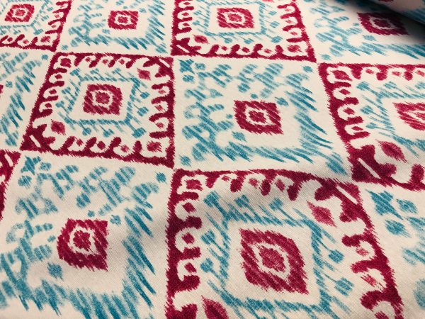 Kilim Aztec Spanish Geometric Diamond Tile Fabric Cotton Panama Curtain Upholstery Material - 55"/140cm wide - Aqua Blue & Raspberry Red - Image 4