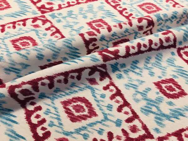 Kilim Aztec Spanish Geometric Diamond Tile Fabric Cotton Panama Curtain Upholstery Material - 55"/140cm wide - Aqua Blue & Raspberry Red - Image 5