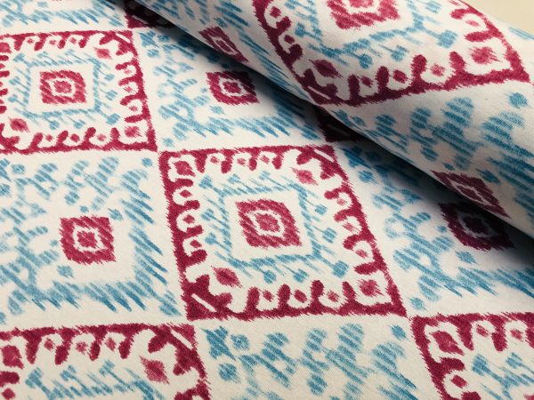 Kilim Aztec Spanish Geometric Diamond Tile Fabric Cotton Panama Curtain Upholstery Material - 55"/140cm wide - Aqua Blue & Raspberry Red - Image 6