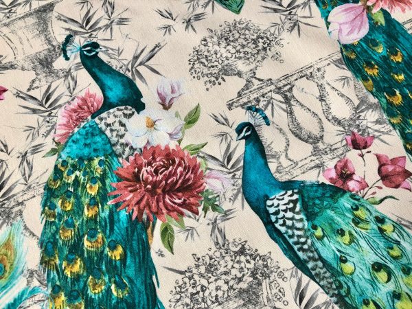 Peacock Bird Fabric - Floral Pink Peony Garden Furnishing, Curtains, Upholstery Material - 55"/140cm Wide - Cream & Turquoise