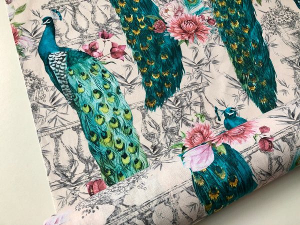 Peacock Bird Fabric - Floral Pink Peony Garden Furnishing, Curtains, Upholstery Material - 55"/140cm Wide - Cream & Turquoise - Image 2