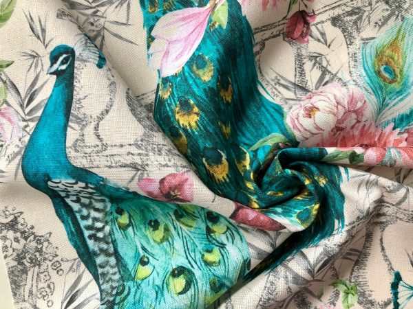 Peacock Bird Fabric - Floral Pink Peony Garden Furnishing, Curtains, Upholstery Material - 55"/140cm Wide - Cream & Turquoise - Image 3