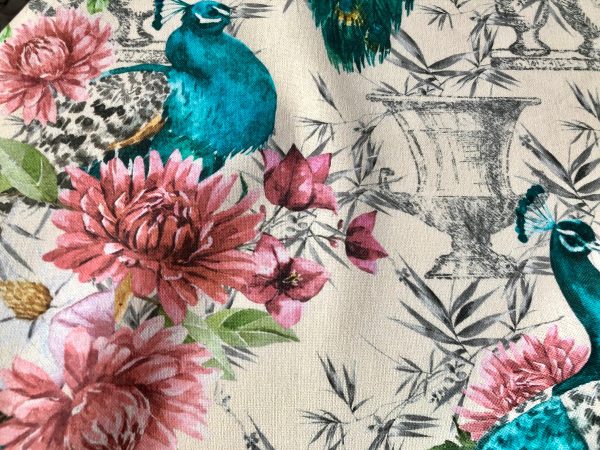Peacock Bird Fabric - Floral Pink Peony Garden Furnishing, Curtains, Upholstery Material - 55"/140cm Wide - Cream & Turquoise - Image 4