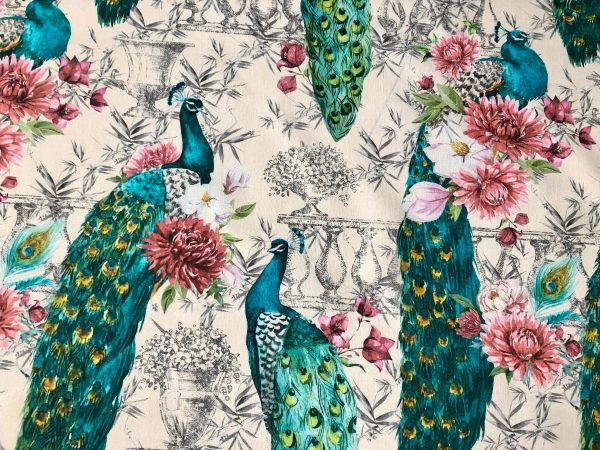 Peacock Bird Fabric - Floral Pink Peony Garden Furnishing, Curtains, Upholstery Material - 55"/140cm Wide - Cream & Turquoise - Image 5