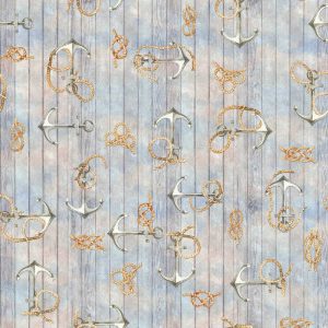 Nautical KNOTS Fabric Curtain Material for Dress Home Decor Curtain Upholstery Wooden Plank Anchor Print - 55"/ 140cm wide