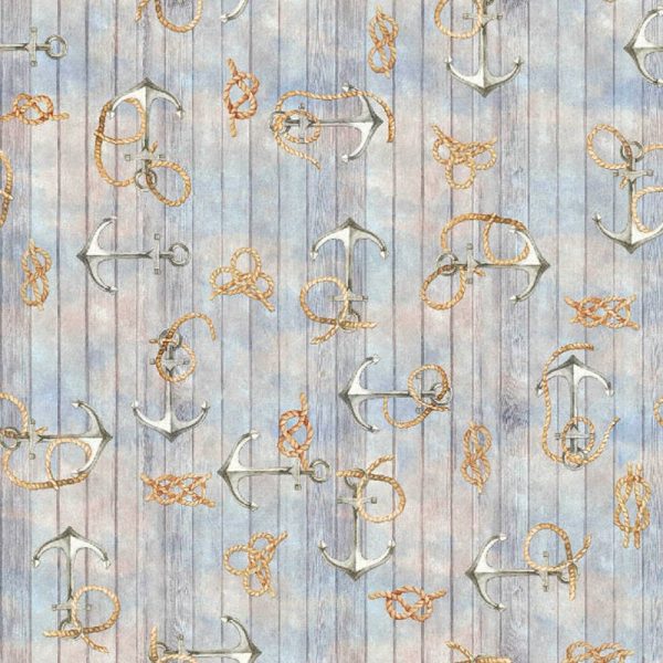 Nautical KNOTS Fabric Curtain Material for Dress Home Decor Curtain Upholstery Wooden Plank Anchor Print - 55"/ 140cm wide
