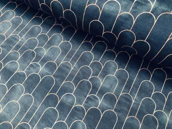 Arches Art Deco Fan Fabric Marble Effect Mermaid Fish Scale - Furnishing, Curtains, Upholstery Material - 110" or 280cm EXTRA Wide - Navy Blue & Gold - Image 5