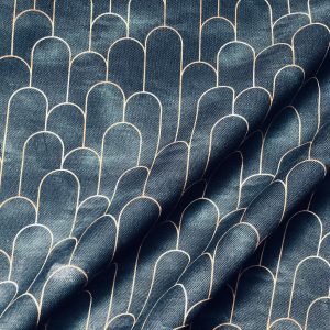 Arches Art Deco Fan Fabric Marble Effect Mermaid Fish Scale - Furnishing, Curtains, Upholstery Material - 110" or 280cm EXTRA Wide - Navy Blue & Gold