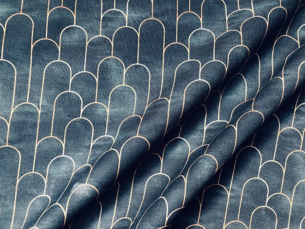Arches Art Deco Fan Fabric Marble Effect Mermaid Fish Scale - Furnishing, Curtains, Upholstery Material - 110" or 280cm EXTRA Wide - Navy Blue & Gold