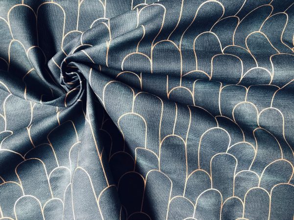 Arches Art Deco Fan Fabric Marble Effect Mermaid Fish Scale - Furnishing, Curtains, Upholstery Material - 110" or 280cm EXTRA Wide - Navy Blue & Gold - Image 2