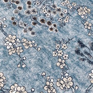BLUE Japanese Sakura Blossom Cherry Floral Twill Curtain Fabric Oriental Furnishing Material - 55'' wide textile