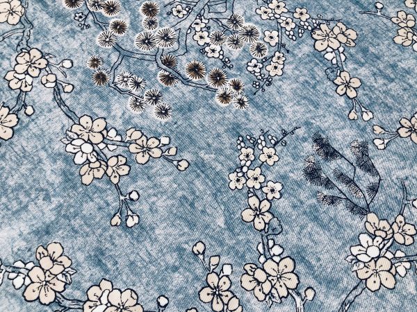 BLUE Japanese Sakura Blossom Cherry Floral Twill Curtain Fabric Oriental Furnishing Material - 55'' wide textile