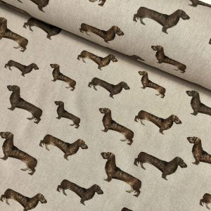 SAUSAGE DOG Animal Upholstery Curtain Cotton Fabric Material 55"/140cm wide canvas - Brown Cream