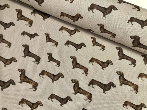 SAUSAGE DOG Animal Upholstery Curtain Cotton Fabric Material 55"/140cm wide canvas - Brown Cream