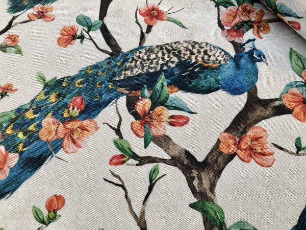 Peacock Bird Fabric Floral Garden Furnishing, Curtains, Upholstery Material - 55"/140cm Wide - Peach & Turquoise