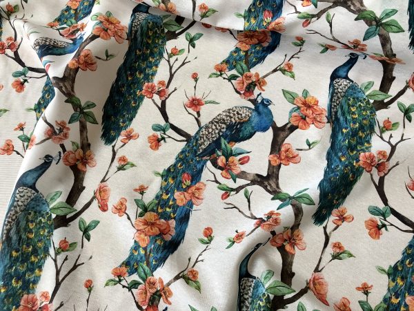 Peacock Bird Fabric Floral Garden Furnishing, Curtains, Upholstery Material - 55"/140cm Wide - Peach & Turquoise - Image 2