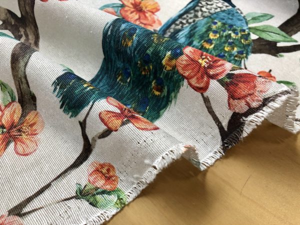 Peacock Bird Fabric Floral Garden Furnishing, Curtains, Upholstery Material - 55"/140cm Wide - Peach & Turquoise - Image 3
