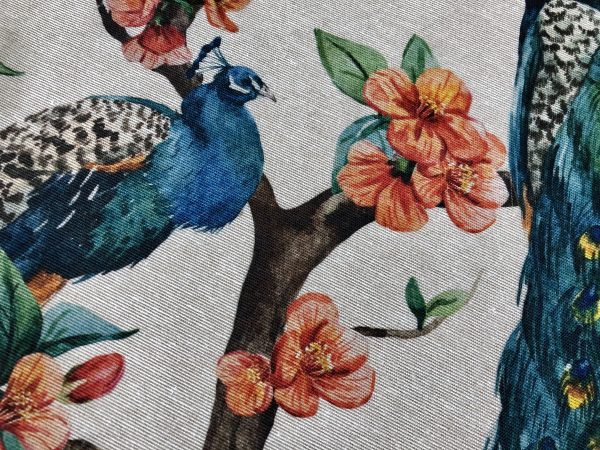 Peacock Bird Fabric Floral Garden Furnishing, Curtains, Upholstery Material - 55"/140cm Wide - Peach & Turquoise - Image 4