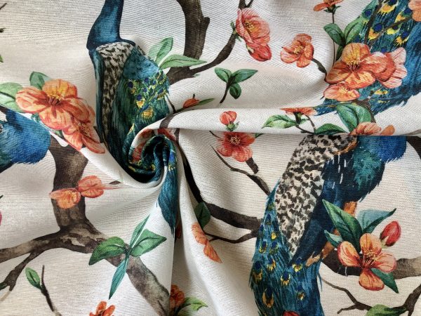 Peacock Bird Fabric Floral Garden Furnishing, Curtains, Upholstery Material - 55"/140cm Wide - Peach & Turquoise - Image 5