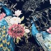 Peacock Bird Fabric - Floral Pink Peony Garden Furnishing, Curtains, Upholstery Material - 55"/140cm Wide - BLACK & Blue