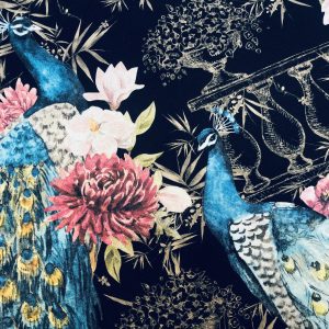 Peacock Bird Fabric - Floral Pink Peony Garden Furnishing, Curtains, Upholstery Material - 55"/140cm Wide - BLACK & Blue