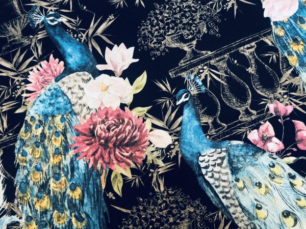 Peacock Bird Fabric - Floral Pink Peony Garden Furnishing, Curtains, Upholstery Material - 55"/140cm Wide - BLACK & Blue