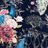 Peacock Bird Fabric - Floral Pink Peony Garden Furnishing, Curtains, Upholstery Material - 55"/140cm Wide - BLACK & Blue - Image 4