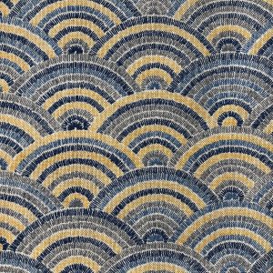 Rainbow Fan Diamond Art Deco Peacock Fan Damask Fabric - Furnishing, Curtains, Upholstery Material - 55"/140cm Wide - Blue & Mustard