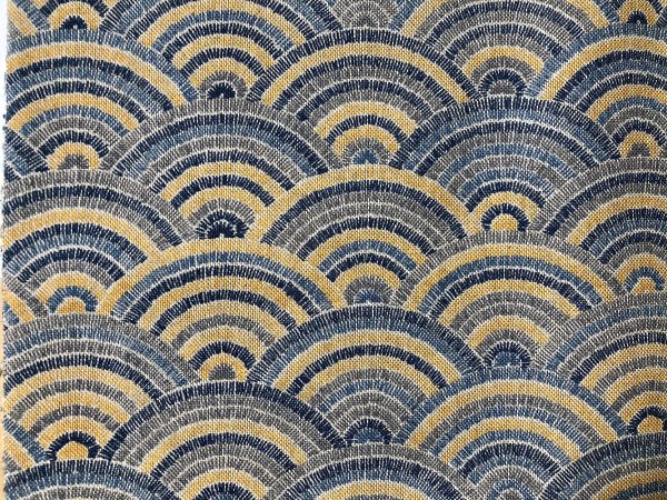 Rainbow Fan Diamond Art Deco Peacock Fan Damask Fabric - Furnishing, Curtains, Upholstery Material - 55"/140cm Wide - Blue & Mustard