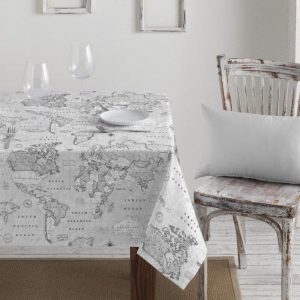 Teflon Waterproof World Map Tablecloth PU Coated Outdoor Fabric For Cushion, Gazebo, Tables, Beach - 55"/140cm Wide - GREY