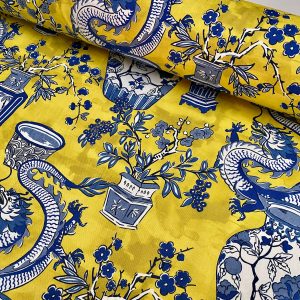 BLUE Chinese Dragon Digitally Printed Fabric Asian Porcelain Motif Material Home Decor Curtain Upholstery 140cm or 55" wide - Mustard & Blue