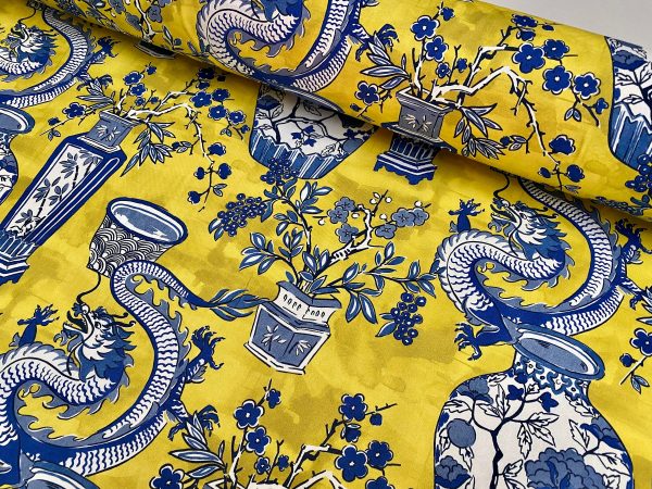 BLUE Chinese Dragon Digitally Printed Fabric Asian Porcelain Motif Material Home Decor Curtain Upholstery 140cm or 55" wide - Mustard & Blue
