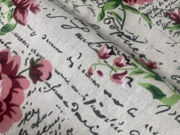 Red Peony Love Letter Cotton Linen Blend Fabric Natural Vintage Rose Printed Material Home Decor Curtain Upholstery- 59"/150cm Wide Canvas - Image 2