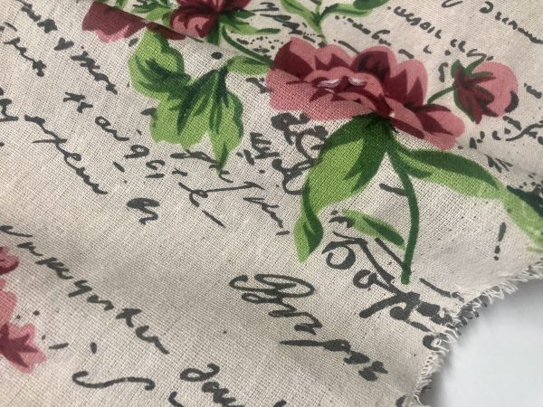 Red Peony Love Letter Cotton Linen Blend Fabric Natural Vintage Rose Printed Material Home Decor Curtain Upholstery- 59"/150cm Wide Canvas - Image 3