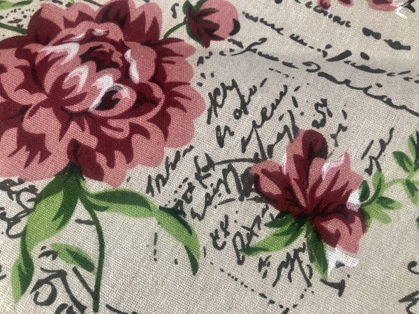 Red Peony Love Letter Cotton Linen Blend Fabric Natural Vintage Rose Printed Material Home Decor Curtain Upholstery- 59"/150cm Wide Canvas - Image 4