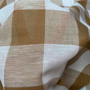 100% Linen Gingham Checked Fabric Plaid Material Buffalo Check Yarn Dressmaking, Curtains - 150cm wide - LIGHT BROWN & WHITE Checks