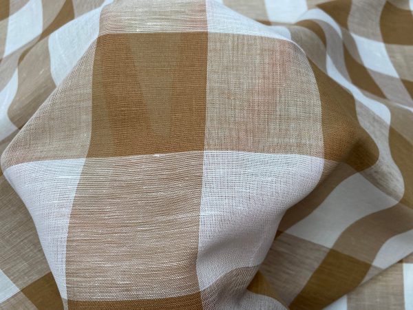 100% Linen Gingham Checked Fabric Plaid Material Buffalo Check Yarn Dressmaking, Curtains - 150cm wide - LIGHT BROWN & WHITE Checks