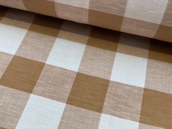 100% Linen Gingham Checked Fabric Plaid Material Buffalo Check Yarn Dressmaking, Curtains - 150cm wide - LIGHT BROWN & WHITE Checks - Image 2