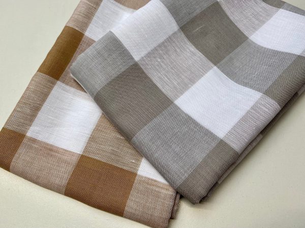 100% Linen Gingham Checked Fabric Plaid Material Buffalo Check Yarn Dressmaking, Curtains - 150cm wide - LIGHT BROWN & WHITE Checks - Image 3