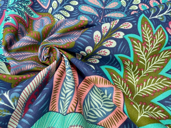 BOTANIC Leaf Fabric Tropical Floral Tree Leaves Print Cotton Curtain Upholstery Material 55"/140cm wide Canvas - Blue Turquoise